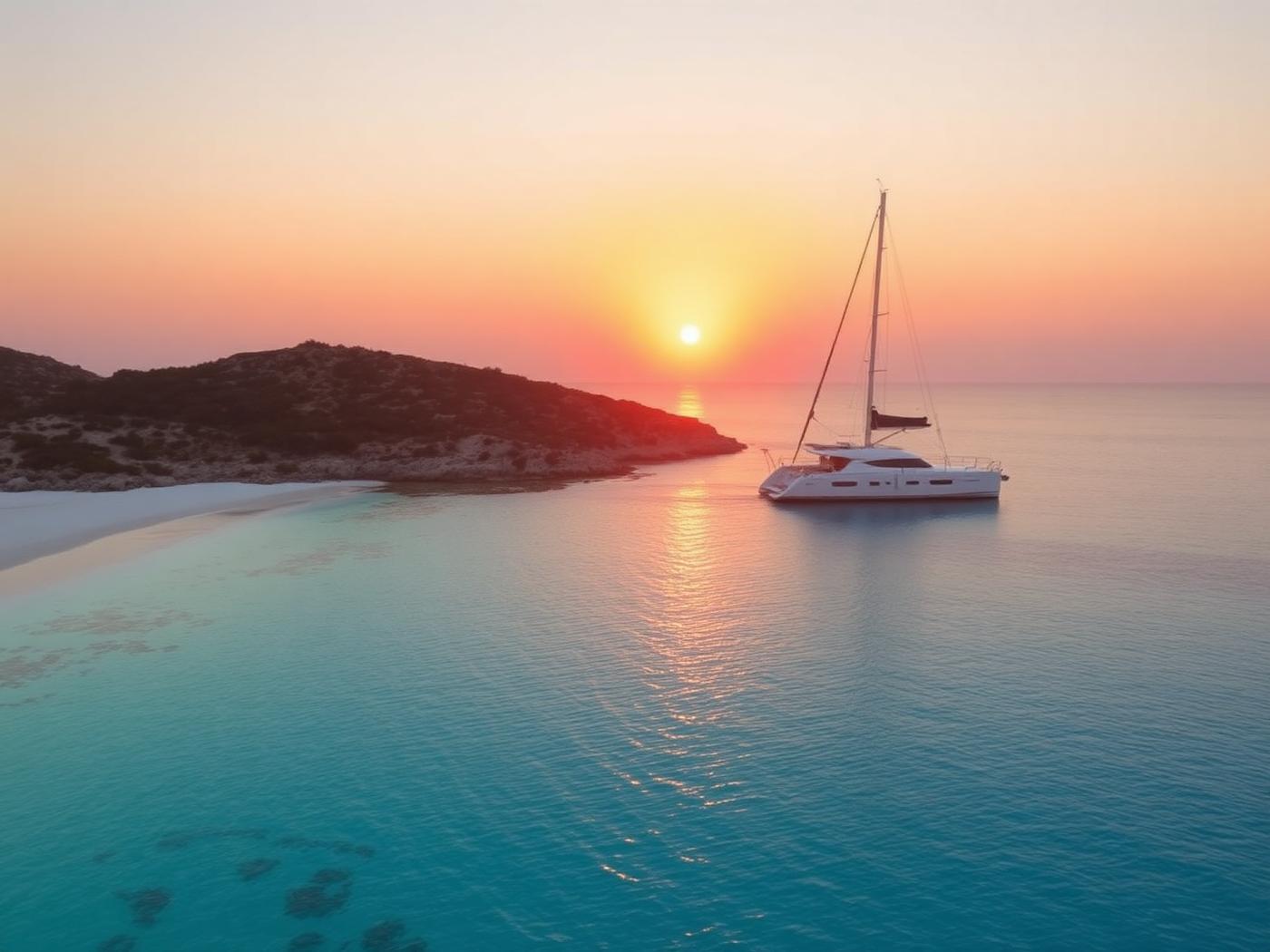 Luxury catamaran anchored off Formentera at sunset
