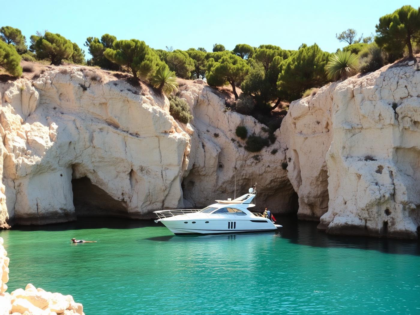 Luxury yacht anchored in a limestone cove in Menorca