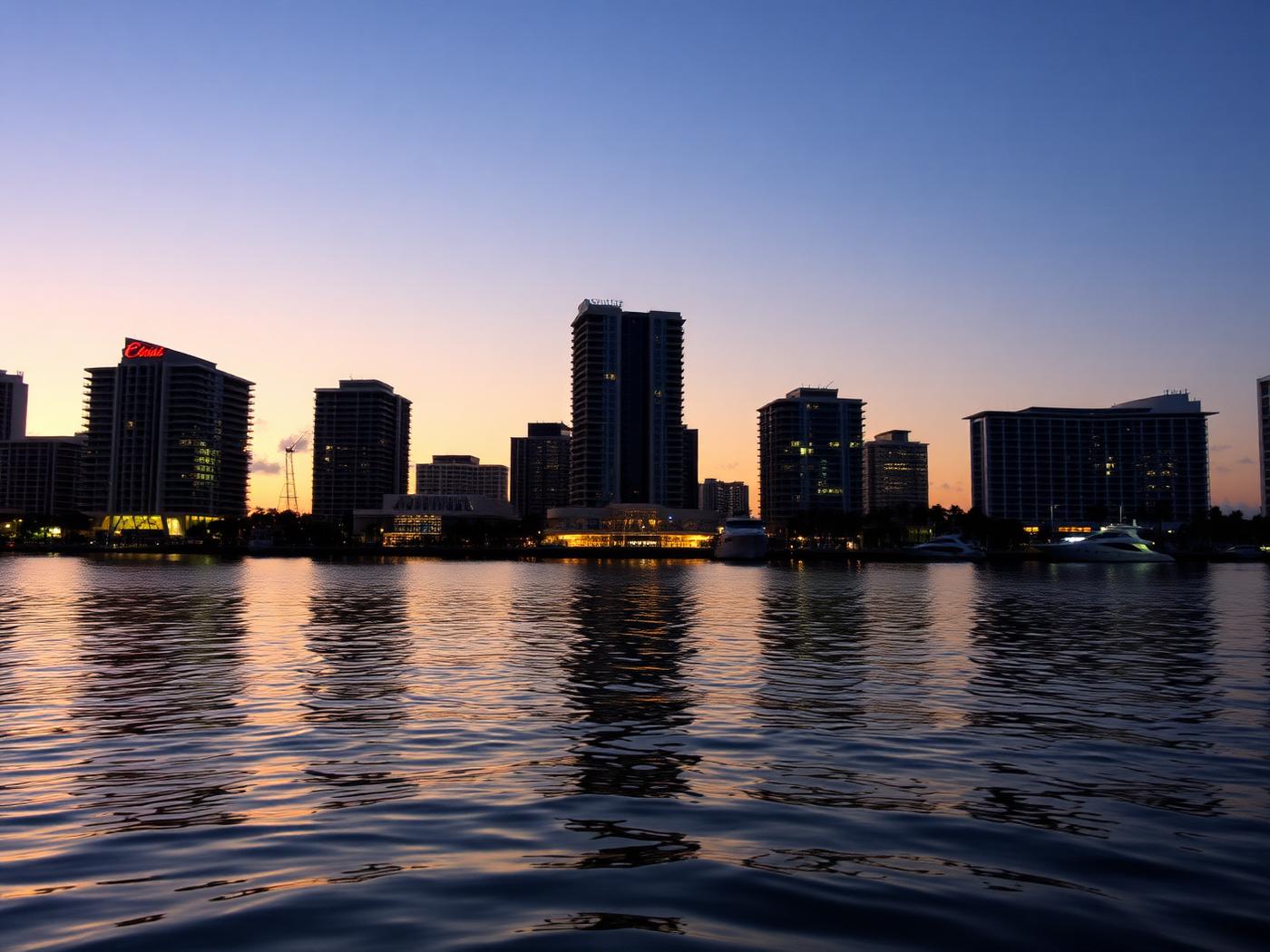 Miami waterfront skyline at dusk seen from the water