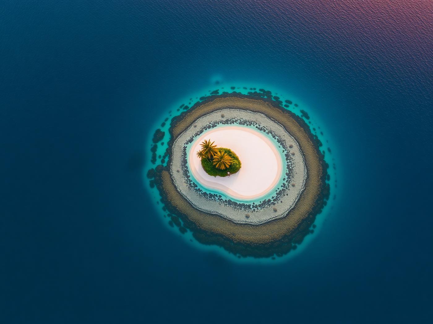 Aerial view of an uninhabited palm island in San Blas, Panama