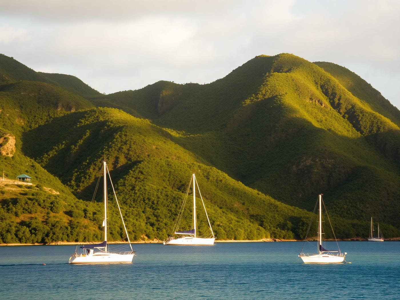 Sailing yachts anchored in a green bay in the US Virgin Islands