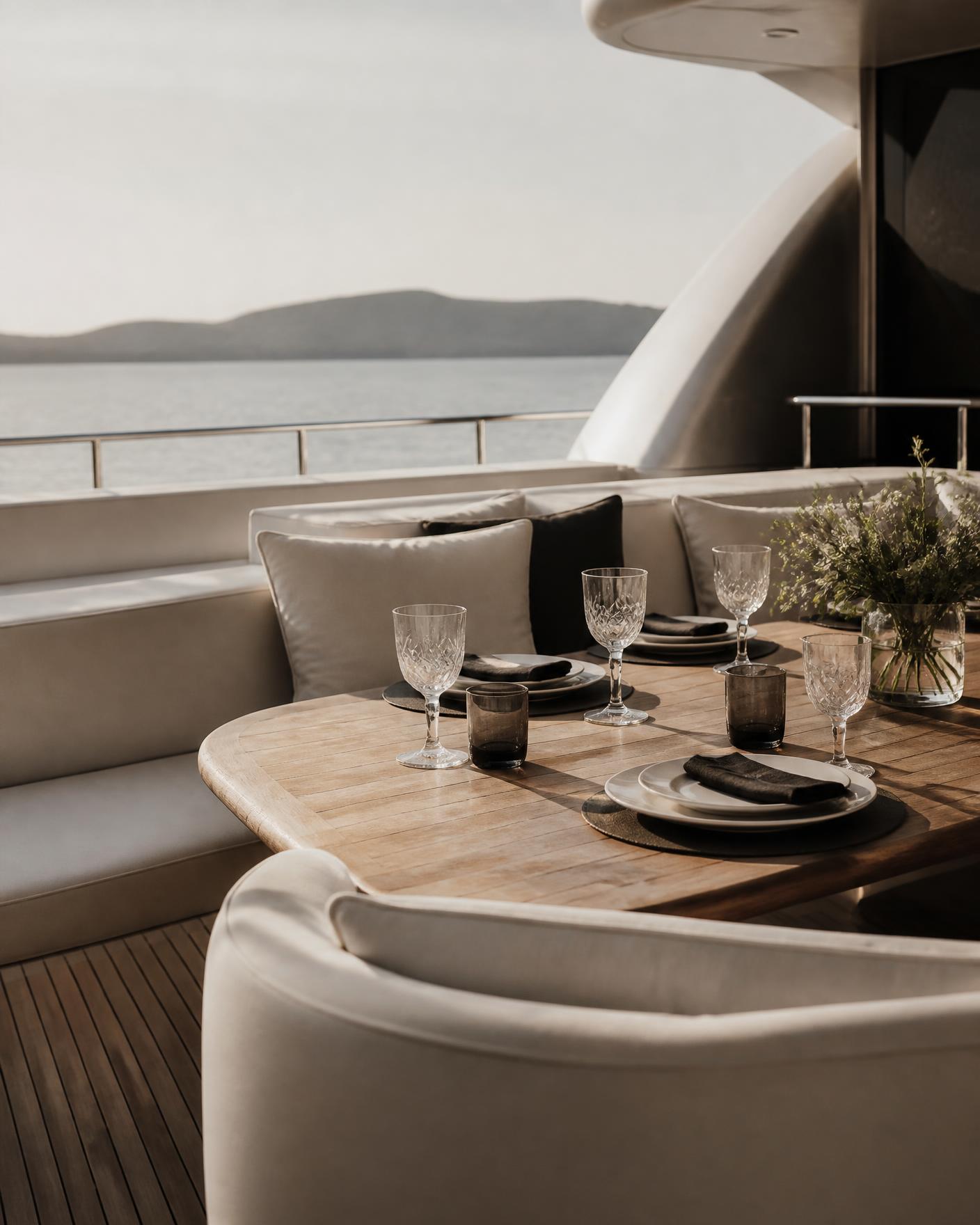 Table set with fine glassware on the teak deck of a luxury yacht