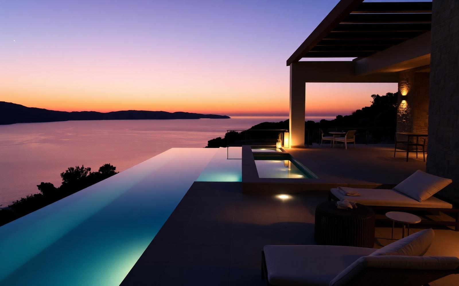 Private villa terrace with infinity pool overlooking the sea
